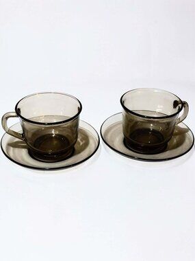 Arcoroc France glass teacups and saucers in smokey brown glass